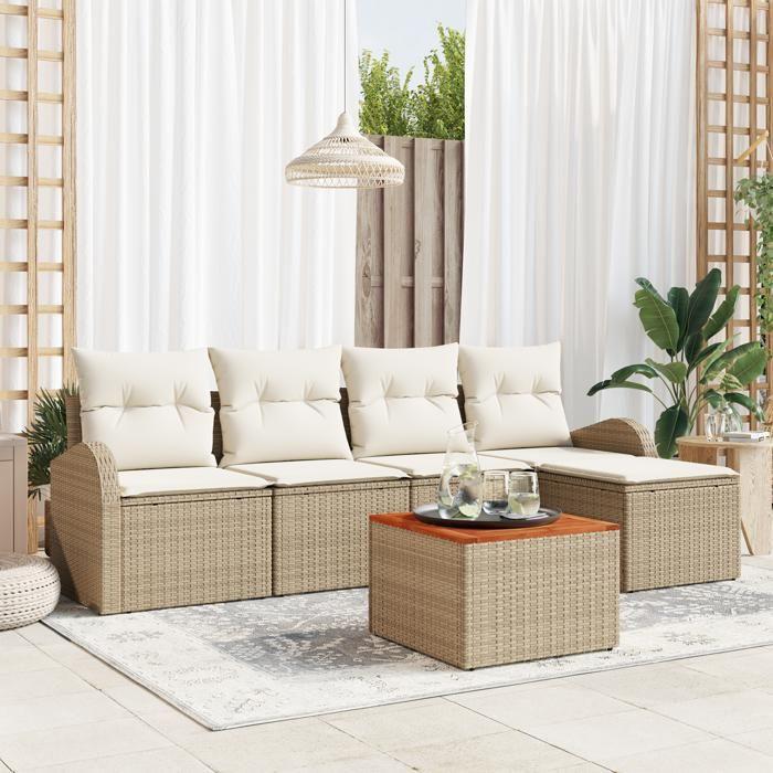 VidaXL Ensemble de Sofa de Jardin 6 Pièces avec Coussins Beige Rattan Acacia 3347568