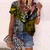 Women's Top Summer New Fashion Rose Flower Dark Skeleton Printed Casual Zipper V-neck Short Sleeve Top