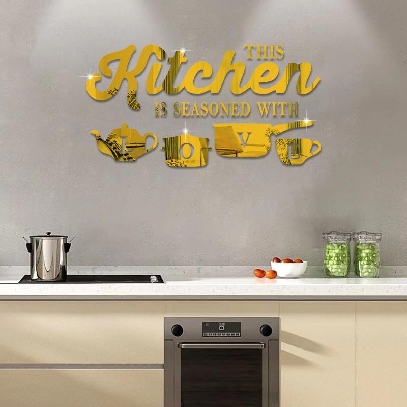 Home Kitchen Mirror Wall Stickers THIS KITCHEN IS SEASONED WITH LOVE Acrylic Wall Stickers Restaurant Home Decor