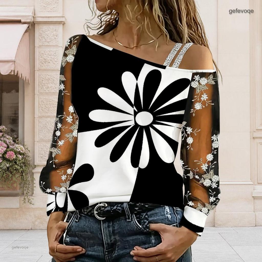 Women Plus Size Asymmetric Off Shoulder Long Sleeve Black White Printed Floral Mesh T Shirt