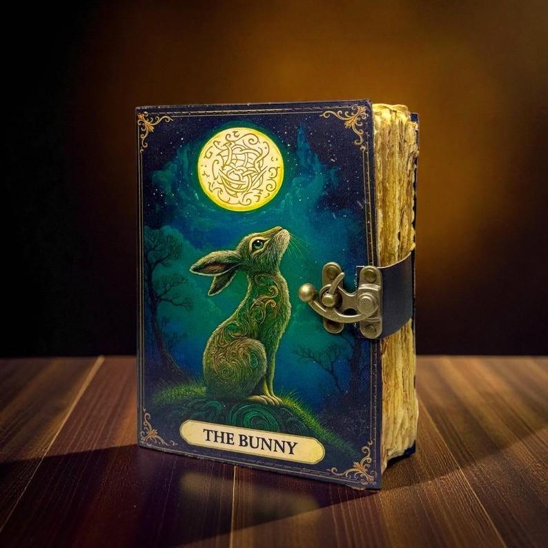 Handmade Leather Bunny Journal – Moonlight Forest Art Notebook with Antique Lock, Mystical Writing & Sketchbook Gift 200 pages