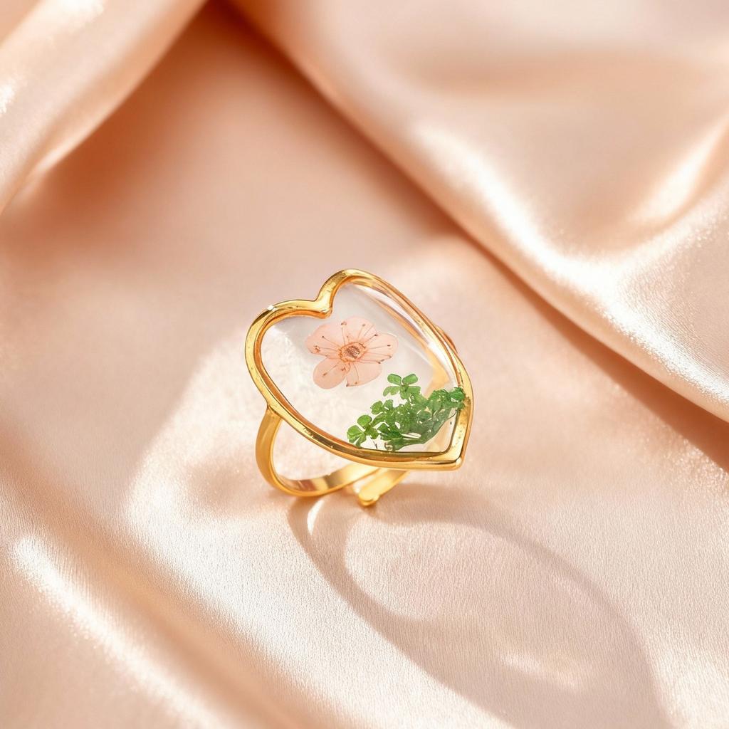 Dainty Real Dry Flower Opening Ring for Women, Geometric Heart Stainless Steel Rings, Personalized Fashion Statement Jewelry