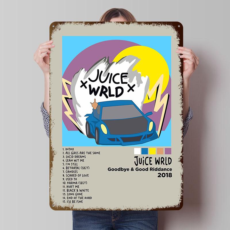 Juice WRLD Album Cover Tinplate Posters Customizable Wall Art Retro Vintage Metal Signs for Home Room Mancave Decoration Garage