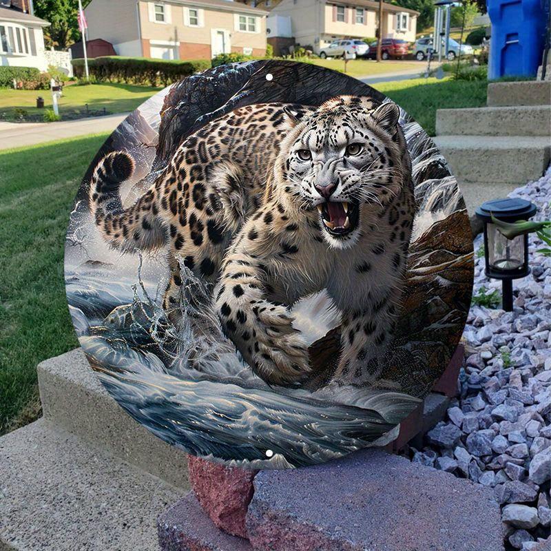 Round Wooden Snow Leopard Art Sign, Waterproof HD Print, Pre-Drilled Wooden Wall Decor, Decorative Wall Poster, 8in, 11.8in, 1PC