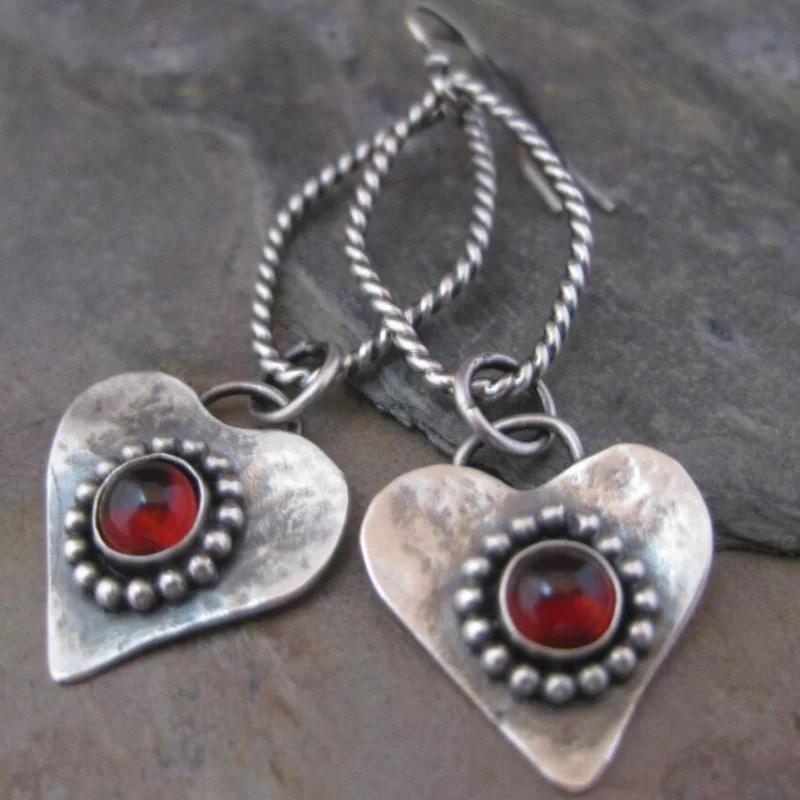 Vintage Gorgeous Heart-shaped Red Stone Pendant Earrings Women's  Holiday Party Silvery Plated Retro Jewelry Accessories