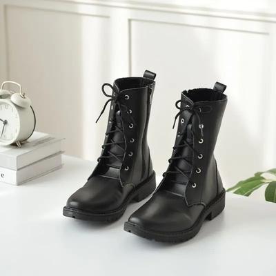 Женские ботинки с круглым носком, средней длины, женские, со шнурками, черные, элегантные, на низком каблуке, полувысокие, со шнуровкой, удобные, модель 2000 года