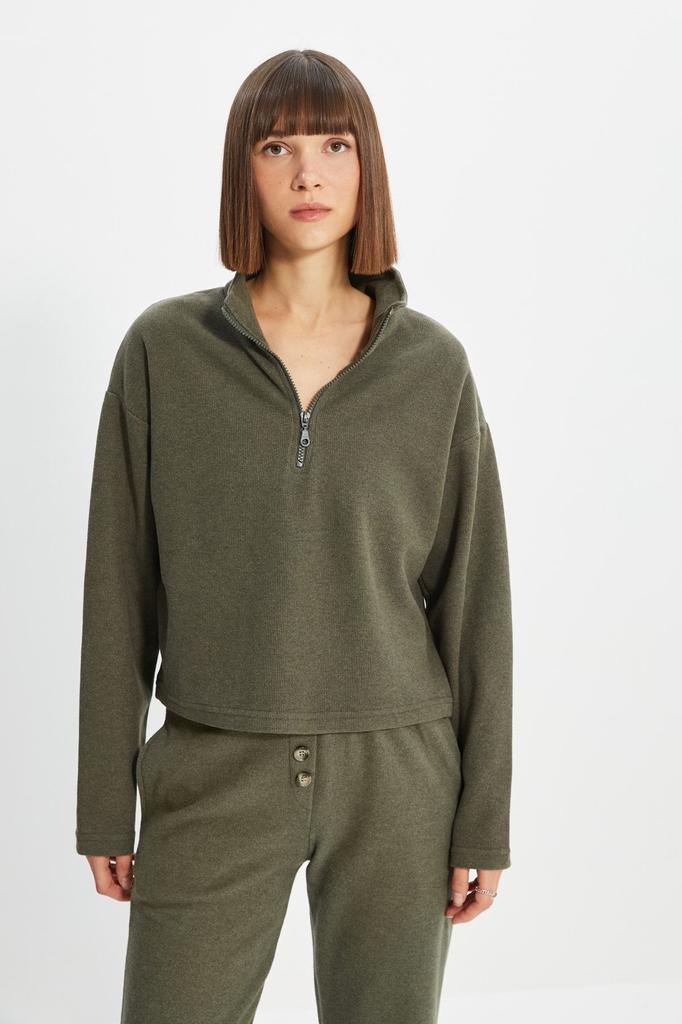 Women's Fashionable Stylish Sweatshirt Black Thessaloniki Knitwear Look Zipper Collar Regular Normal Fit Knitted Sweatshirt