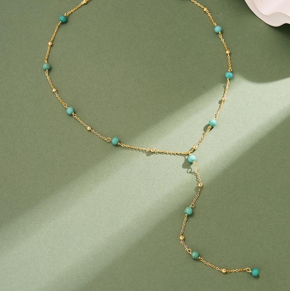 Factory S925 Sterling Silver Y-shape Turquoise Sweater Chain Necklace for Women Dainty Daily Wear Necklace Jewelry