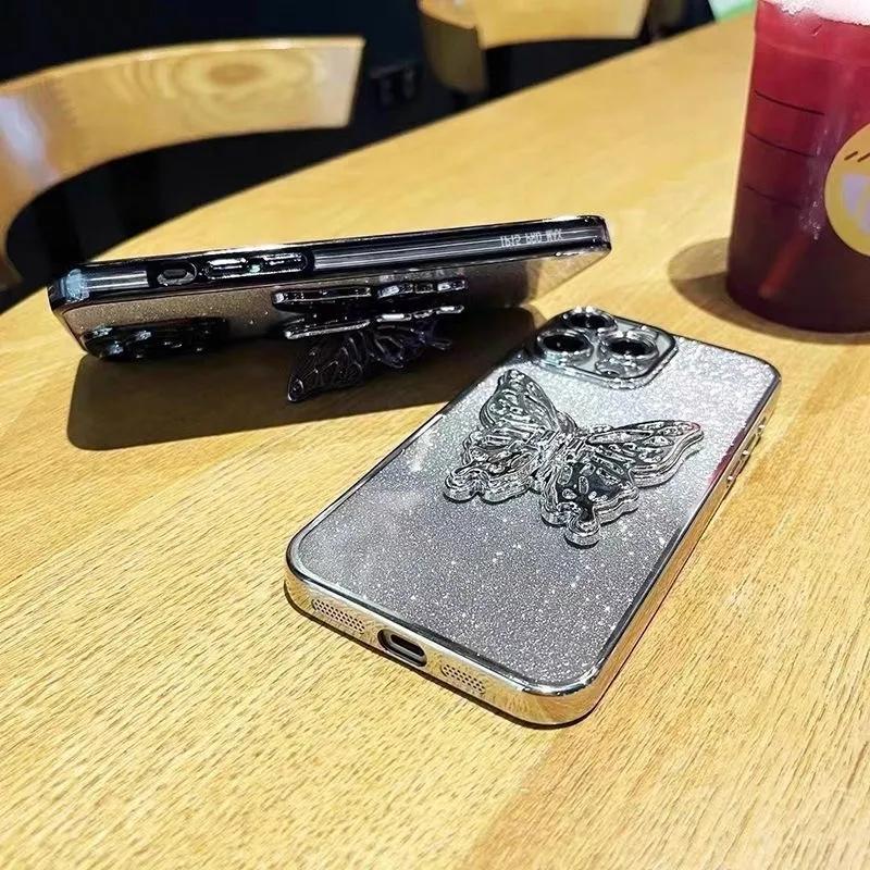 3D Butterfly Phone Holder Crystal Bracelet Glitter Plating Case for Samsung Galaxy A14 A24 A34 A54 A15 A25 A35 A55 4G 5G Cover