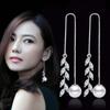 Womens Korean Fashion Elegant Simple Anti-allergy Zircon Crystal Leaf Pearl Dangle Long Tassel Twisted Ear Line Stud Earrings Jewelry Xmas Gifts