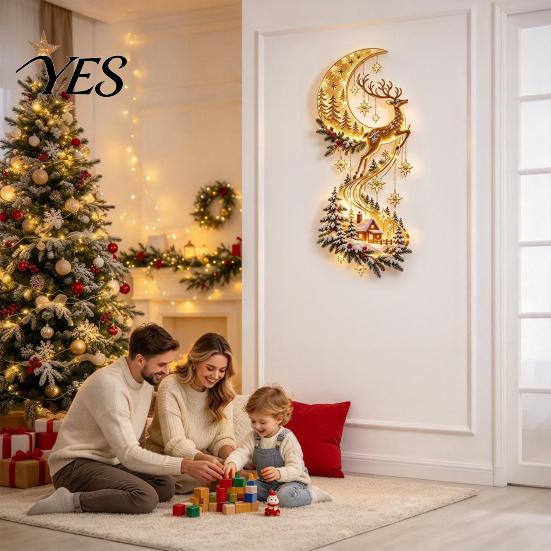 Warm White Waterfall Lights Christmas Magic Trail Wall Light, 2D Flat Acrylic Lighted Art, Space Saving Holiday Decor Glow Crescent Moon Deer