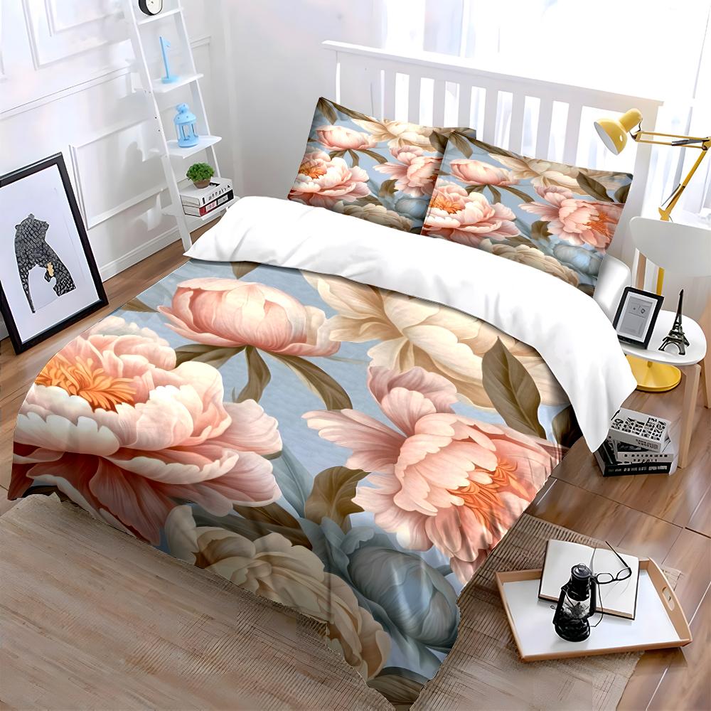 Pastel Floral Peony Print Bedding Set Bedding set (1 duvet cover, 2 pillowcases, duvet not included)