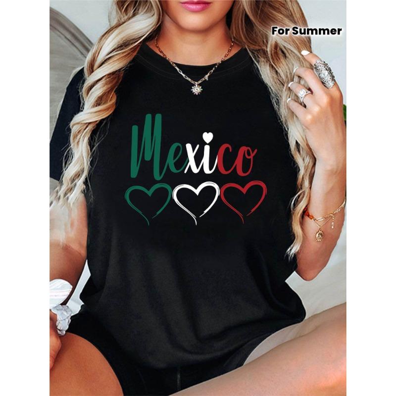 Сердце Мексики Текст 'Mexico' Женская футболка с круглым вырезом, весна-лето, короткий рукав