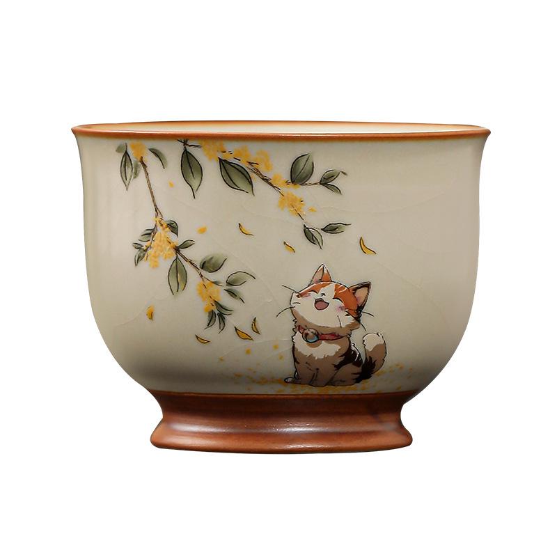 Бежевая фарфоровая пиала для чая с котенком (Ware): Керамическая дегустационная чашка Кунг-фу для личного использования