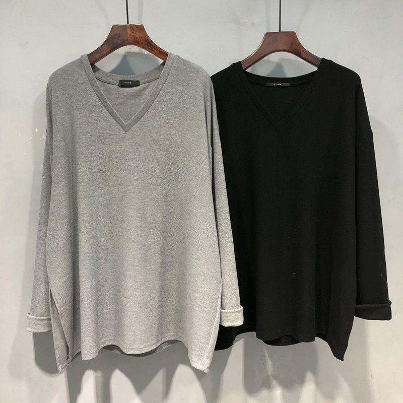 Женский топ с V-образным вырезом и длинными рукавами, осень 2023 года, свободный, средней длины, с разрезом