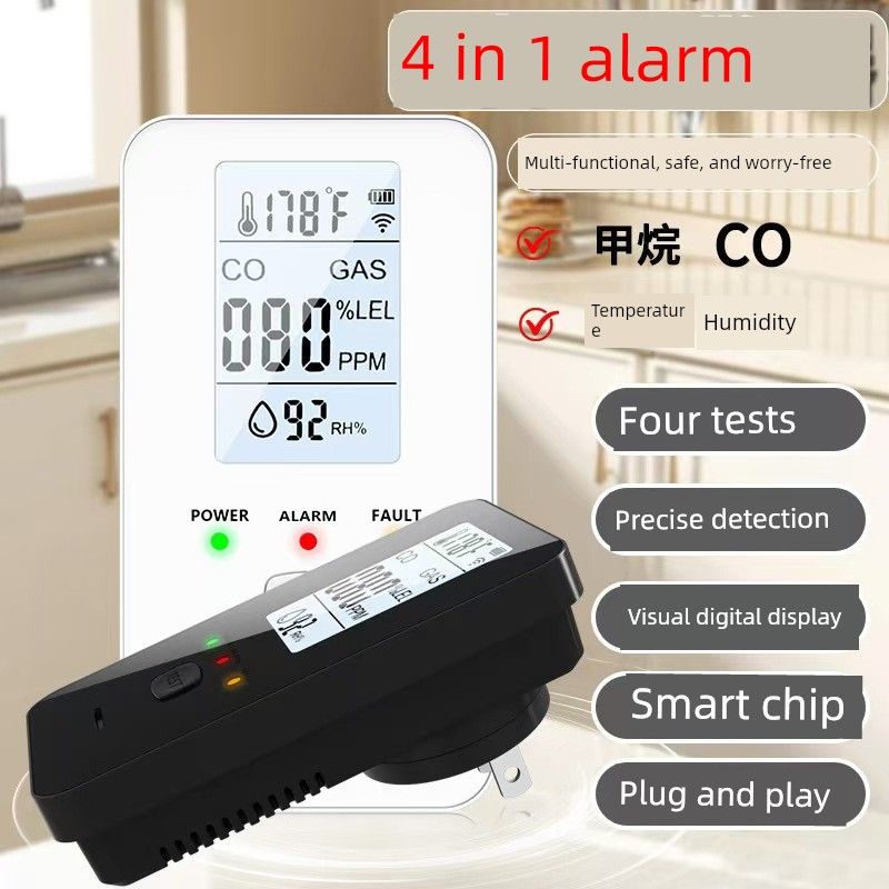2026 New Model 5-in-1 Plug-In Gas Smoke Co Carbon Monoxide Alarm with Temperature and Humidity Detection for Home Use