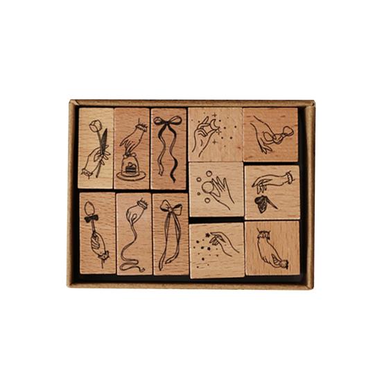 12 Pcs Vintage Wood Rubber Stamp Universe Letters Number Flowers Retro Stamp Set for DIY Art Craft Journals Scrapbooking Planner Card Making