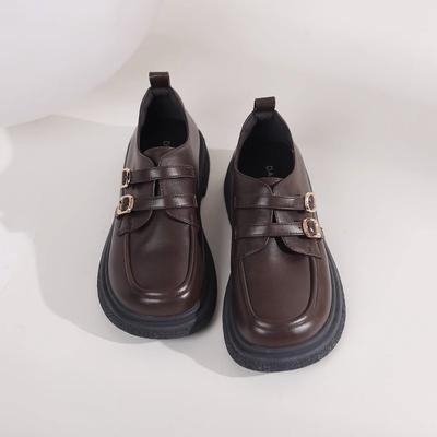 Винтажные черные кожаные женские туфли с круглым носком и толстой подошвой, увеличивающие рост, без застежек, универсальные для осени/зимы