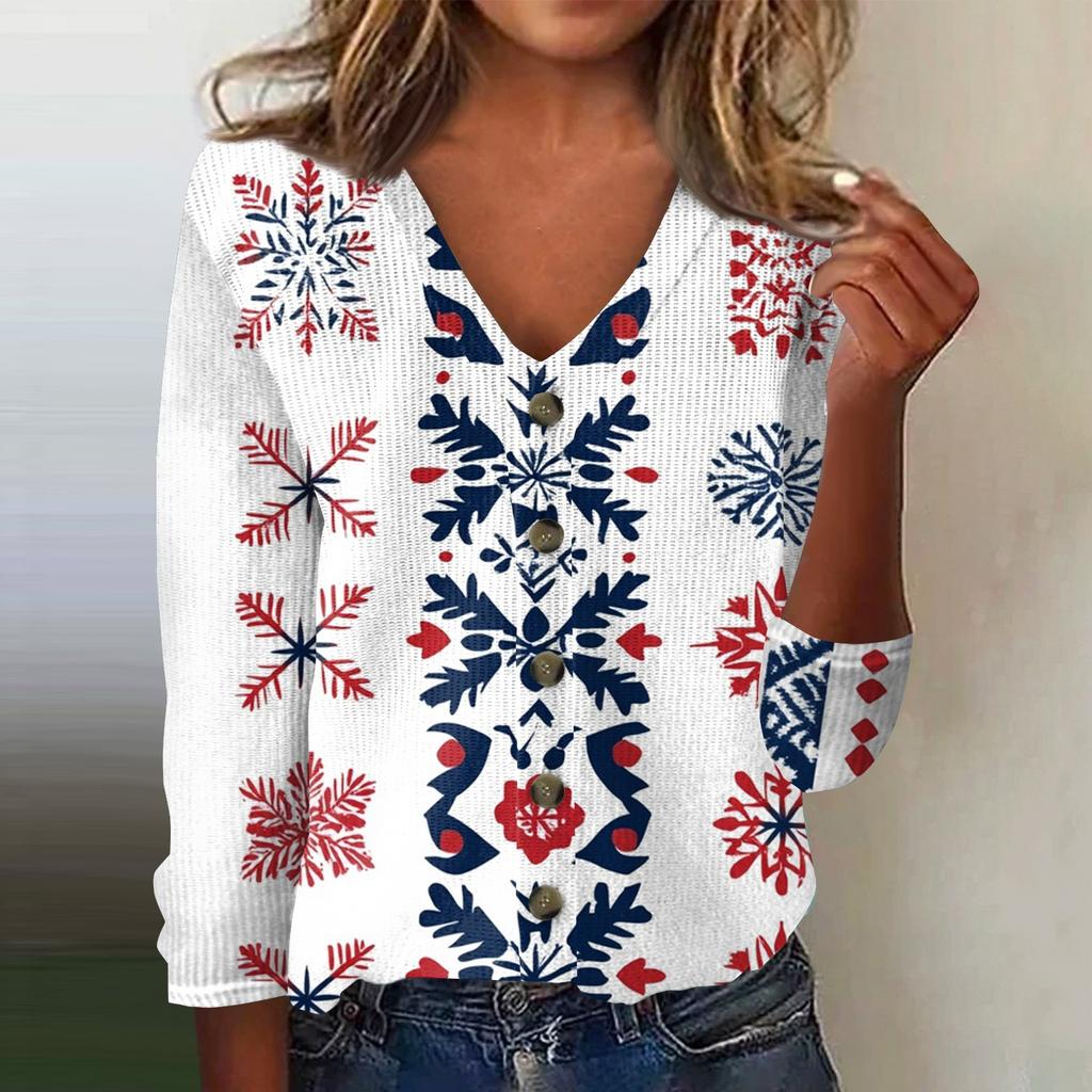 Women's Fashion Print Long Sleeve Knitted Cardigan Button Up Jacket