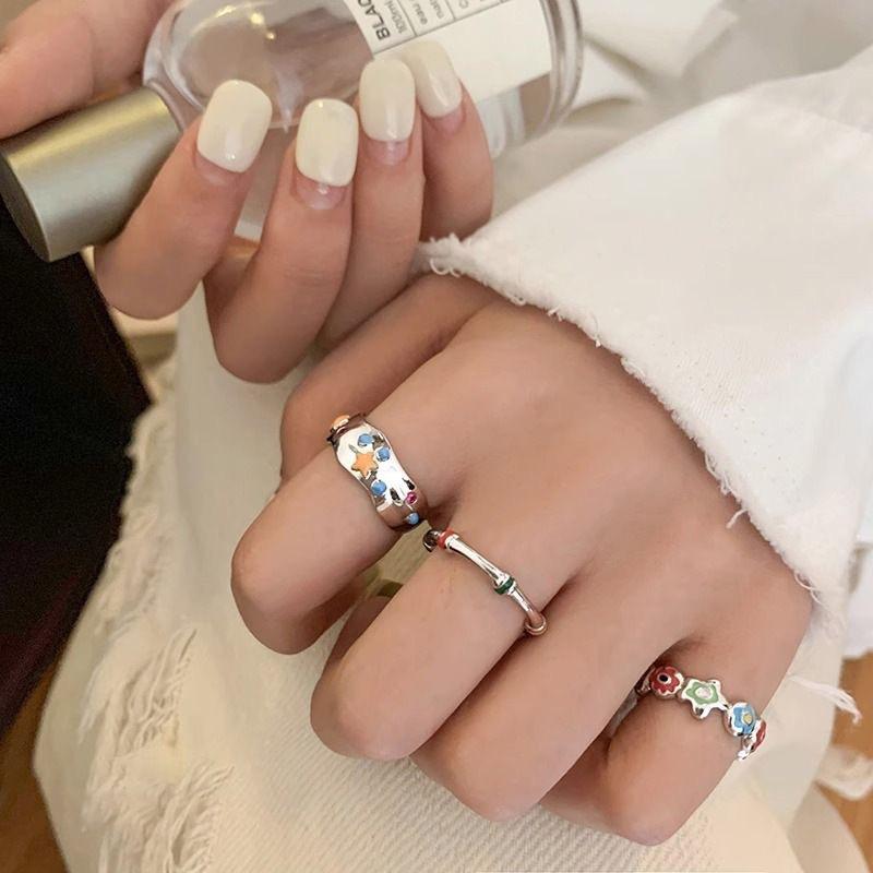 Vintage Colorful Flower Star Ring Set 3Pcs Dripping Oil Adjustable Opening Finger Rings For Women Party Fashion Jewelry