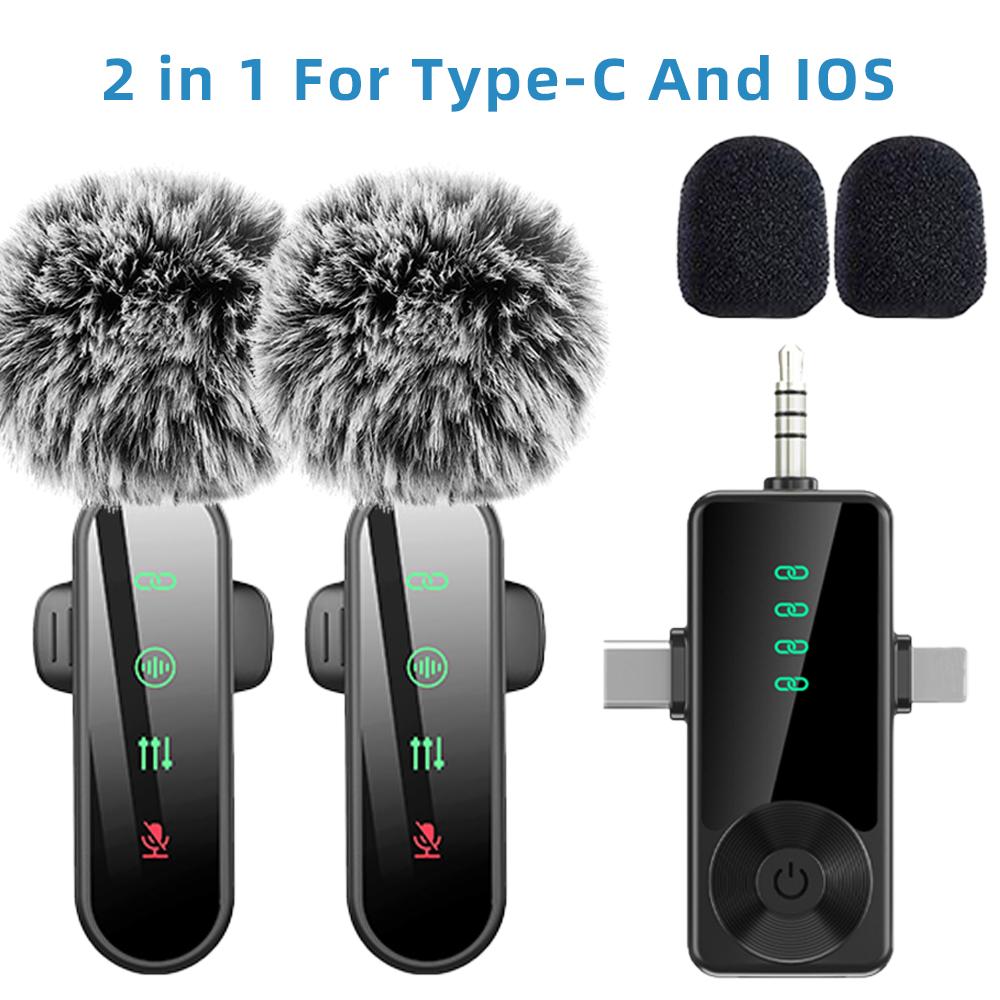 Pink 1 in 4 Lavalier Microphone Noise Cancelling Wireless With Wind Muff Lapel Mic For iPhone Android Camera 4 Pack LED Display 6