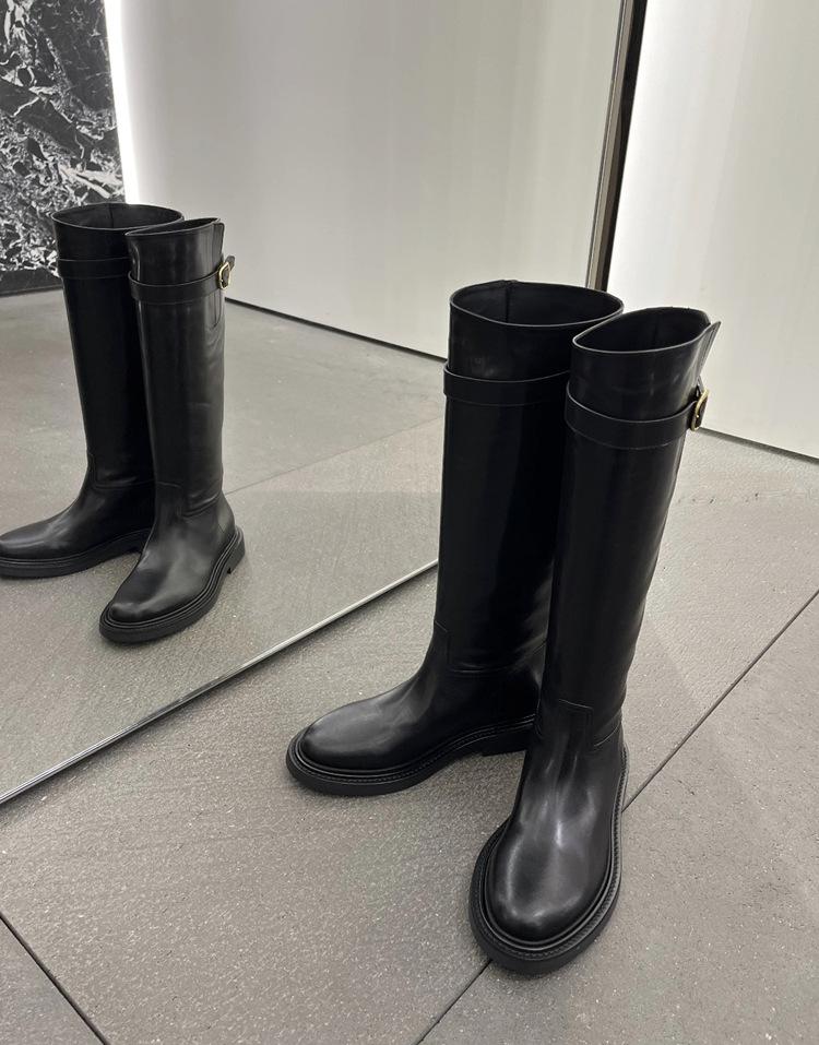 Версия из коровьей кожи~ 2025 новые ретро кожаные ботинки на толстом каблуке с металлической пряжкой женские маленькие, но с рукавом до колена женские ботинки