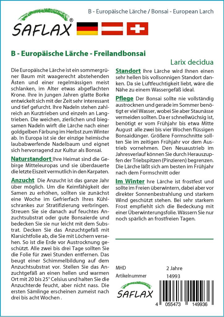 SAFLAX Garden in the Bag - Бонсай - Лиственница европейская - 75 семян - С субстратом в подходящем мешке - Larix decidua
