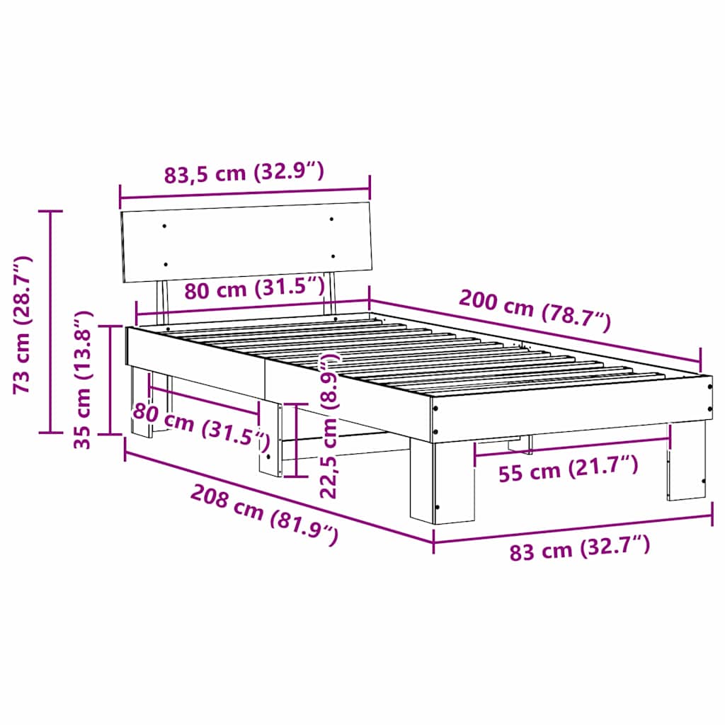 Natural Wooden Bed Frame with Headboard 80 x 200 cm Solid Pine Wood