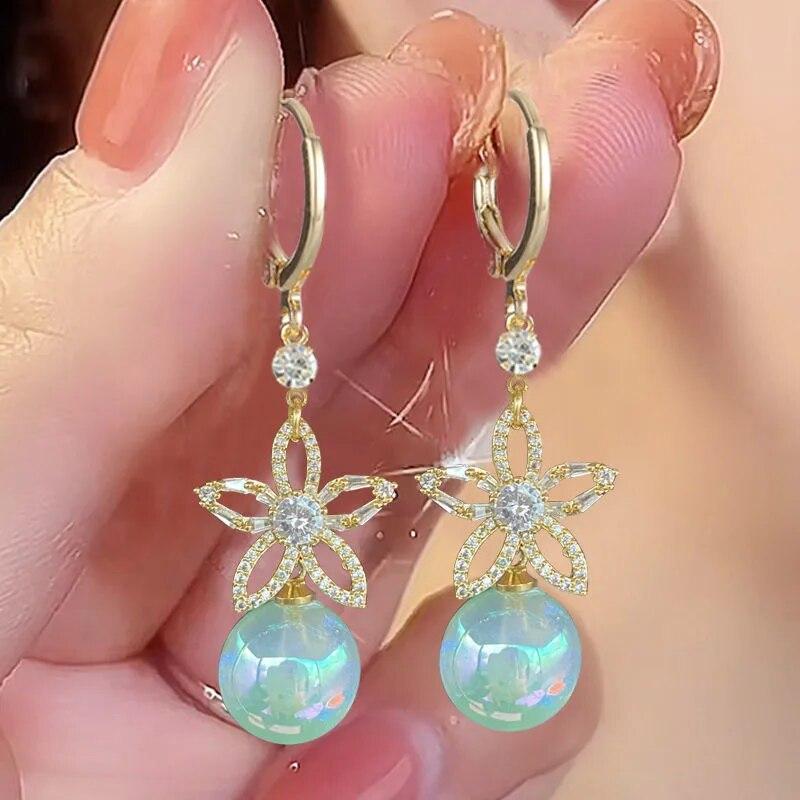 Fashion Vintage Mermaid Pearl Flower Hoop Earrings for Women Elegant Shiny Zircon Drop Dangle Earring Wedding Jewelry Gifts