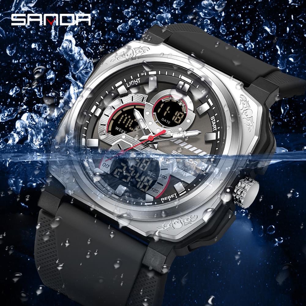 SANDA3356 Luxury Men's Digital Quartz Watch Multi functional Waterproof Alarm Clock Men's Timer Square Sports Watch