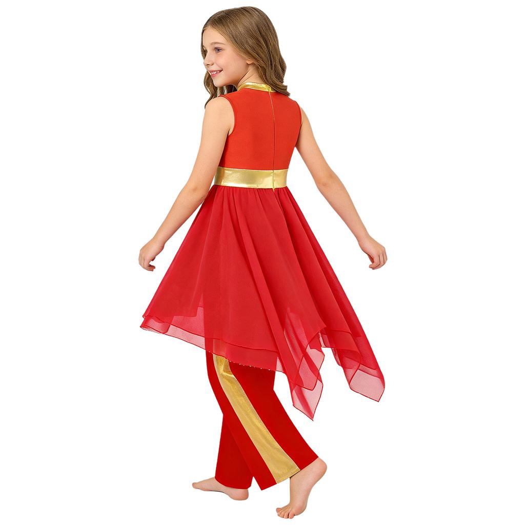 Girls Metallic Patchwork Sleeveless Dress Lyrical Dance Outfit Wide Leg Pants
