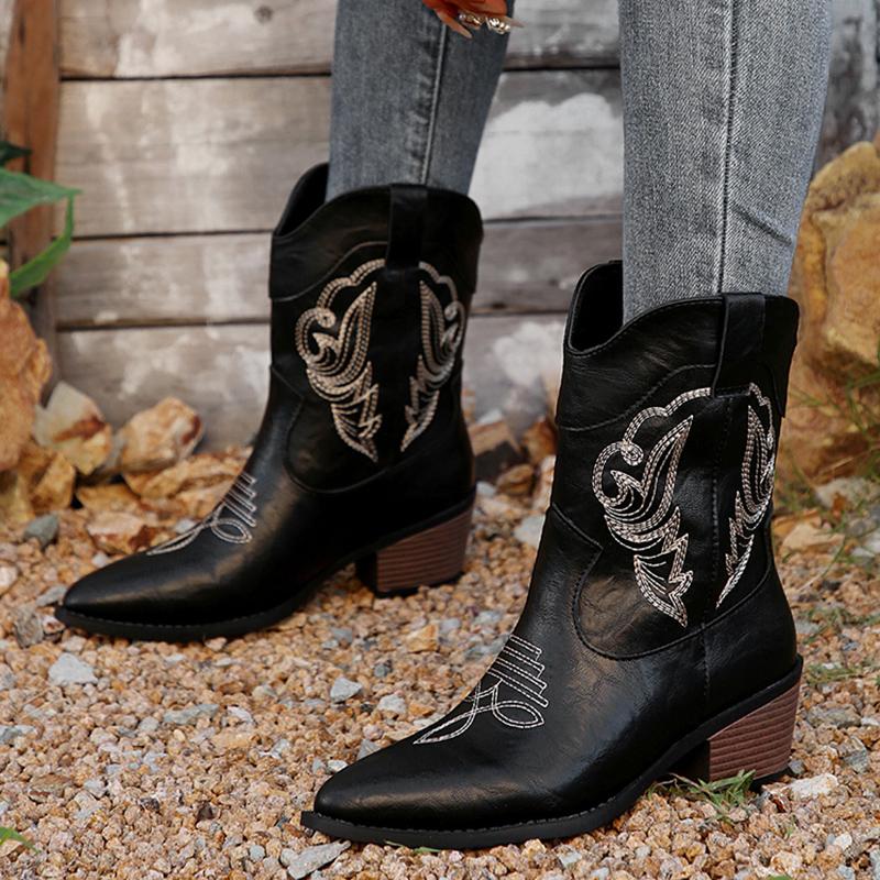 Lucyever Embroidery Pu Leather Ankle Boots Women 2024 New Thick Heels Black Western Boot Woman Pointed Toe Lady Cowboy Booties