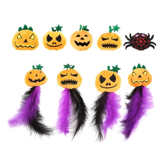 Self-entertainment Cat Toy Halloween Pumpkin Toy, Squeaky Stuffed Chew Interactive Soft Plush with Feathers for Indoor Cats