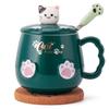Ceramic Cat Mug with Lid and Coffee Cute Cat Birthday Gift Spoon, Cup/Mug, (White) (Green)