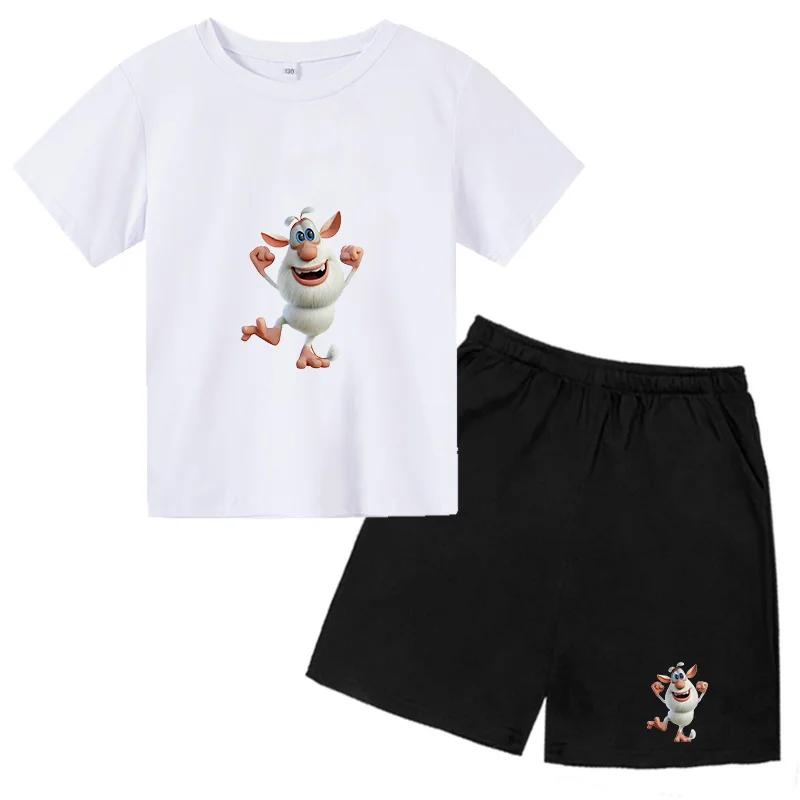 Black Booba Cartoon Kids Tracksuit Short Sleeve Tee + Shorts 2PCS Set for Toddlers to Teens