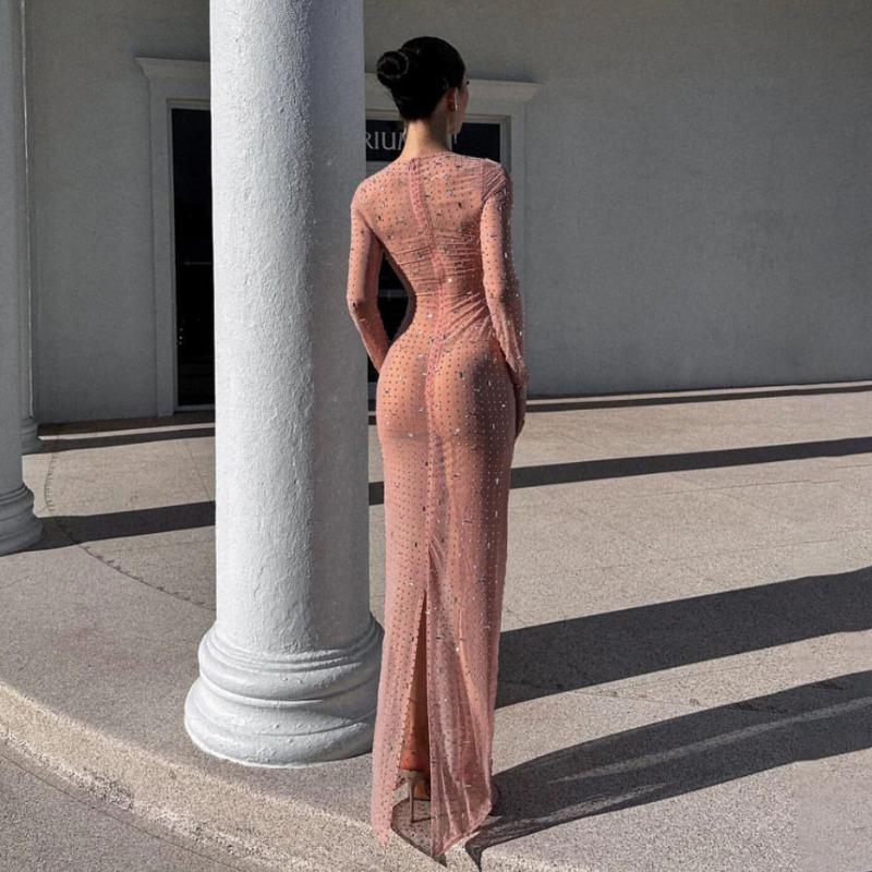 Прозрачное сетчатое платье с кристаллами для женщин, кружевное прозрачное облегающее платье макси с длинным рукавом, тонкое сексуальное пляжное платье для женщин