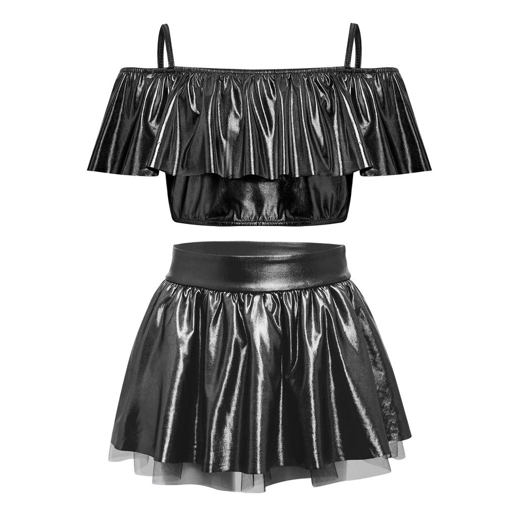 Girls Dancewear Off Shoulder Sleeveless Metallic Ruffle Crop Top and Shiny Tutu Skirt for Stage Competition Party Wear