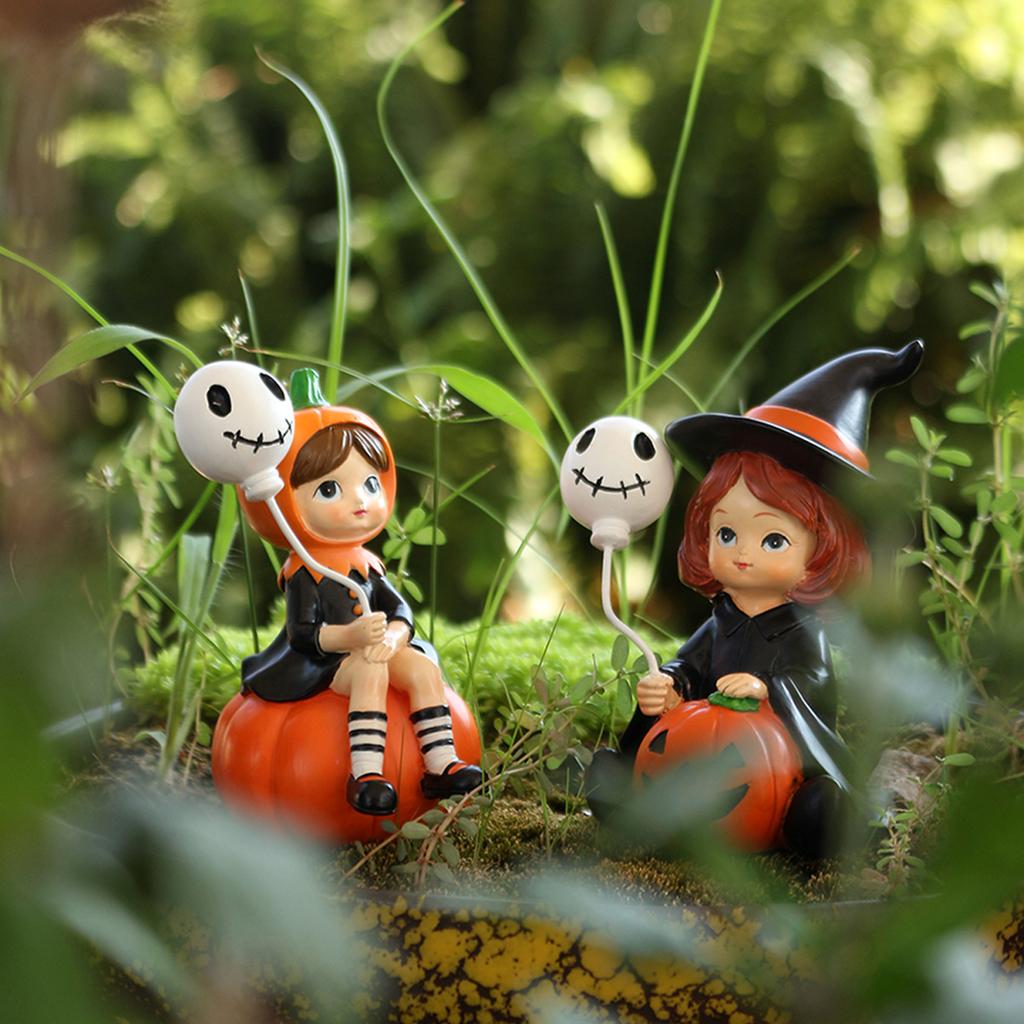 Pack Of 2 Halloween Resins Figurines Pumpkin Witch Holding Ghostly Balloon Sculptures For Party Tabletop Decoration