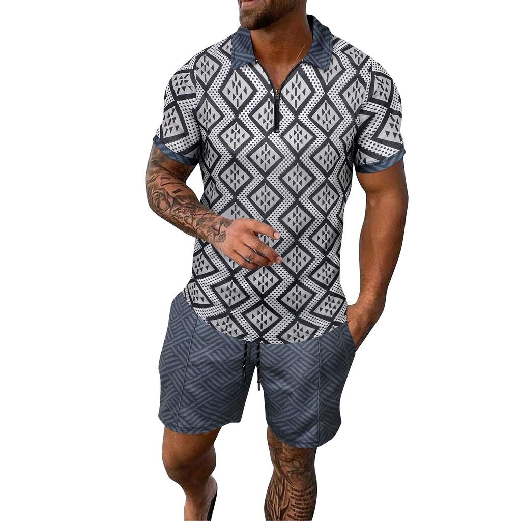 Мужской летний костюм с короткими рукавами и короткими шортами на молнии с принтом, мужской повседневный спортивный костюм