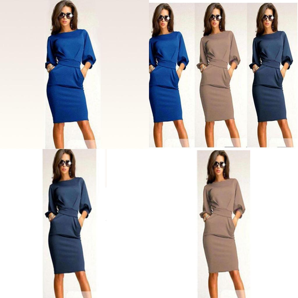 Elegant Women Fashion Sexy Fifth Sleeve Round Neck Pocket Bodycon Cocktail Dress