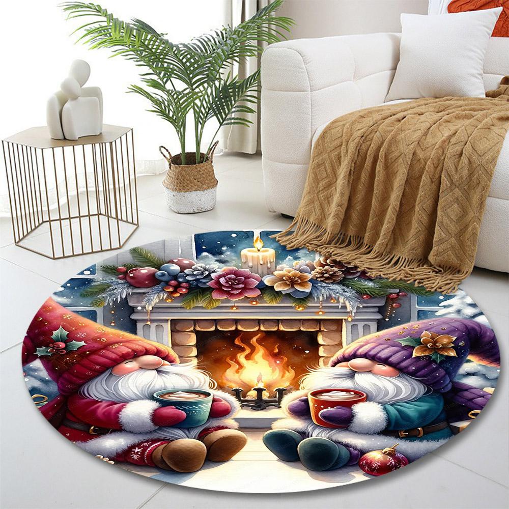 Cozy Gnomes by the Fireplace Print round rug, living room, bedroom, playroom carpet, non slip floor mat, gift