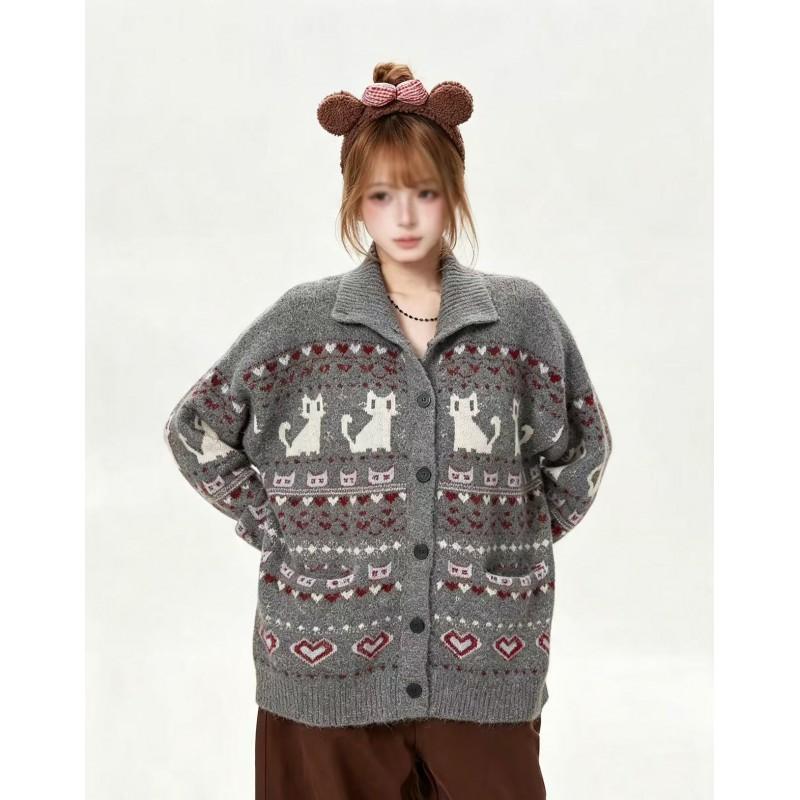 Unisex Retro Fair Isle Knit Cardigan With Collar Oversized Loose Fit Wool Blend Sweater