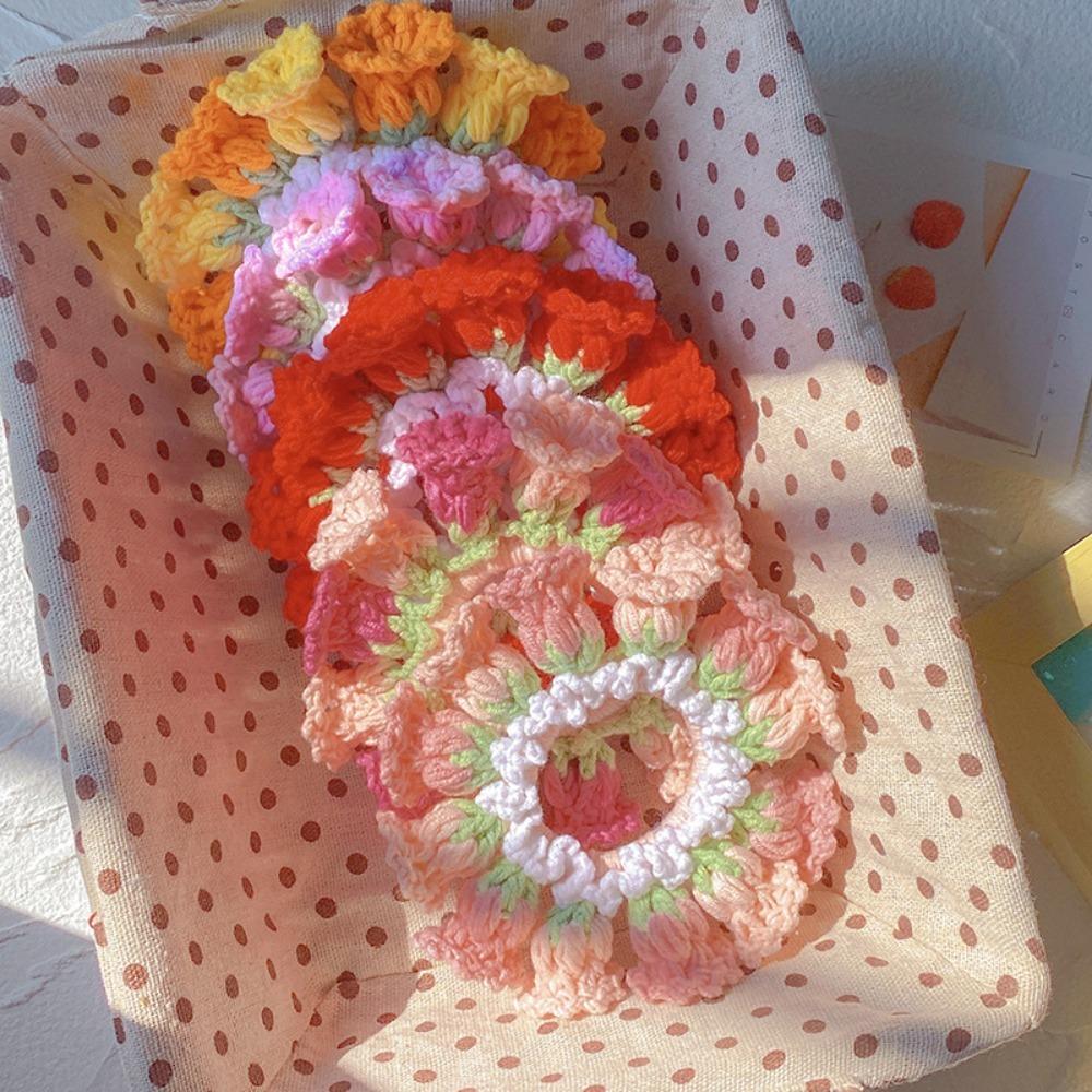 Elastic Crocheted Flower Scrunchies Handmade Sweet Hair Tie Cute Knitted Hair Rope Ponytail Band