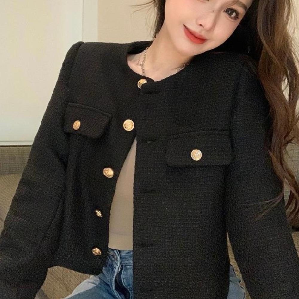 Приталенный твидовый укороченный жакет с длинным рукавом, элегантные короткие пальто, женская винтажная верхняя одежда, весна-осень