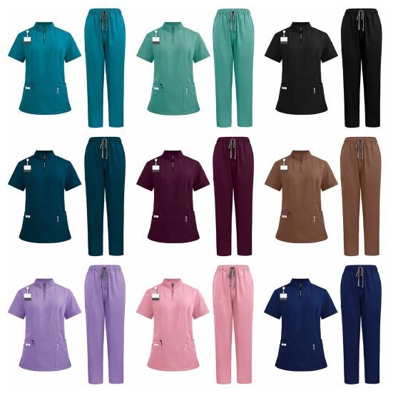 2Pcs Nurse Uniform Scrubs Set for Nurse Doctor Hospital Staff Jogger Suit with Multi Pocket Top Pants Stretchy Comfortable Workwear for Medical