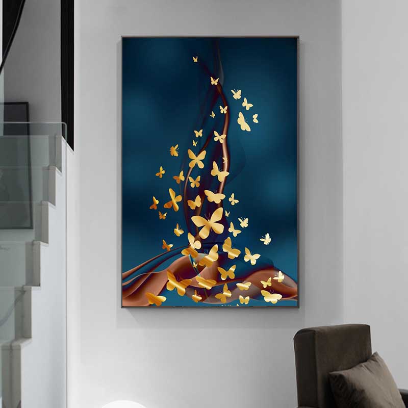 Рамка из цельного дерева, скандинавский современный абстрактный золотой постер, Золотая бабочка, танцующая в небе, холст, картина для Куадрос, гостиная, домашний декор