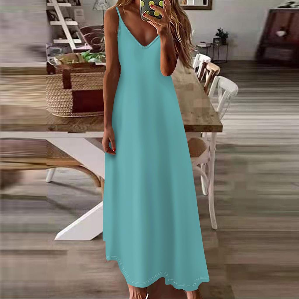 Женское летнее повседневное модное однотонное длинное платье без рукавов с V-образным вырезом, повседневные платья