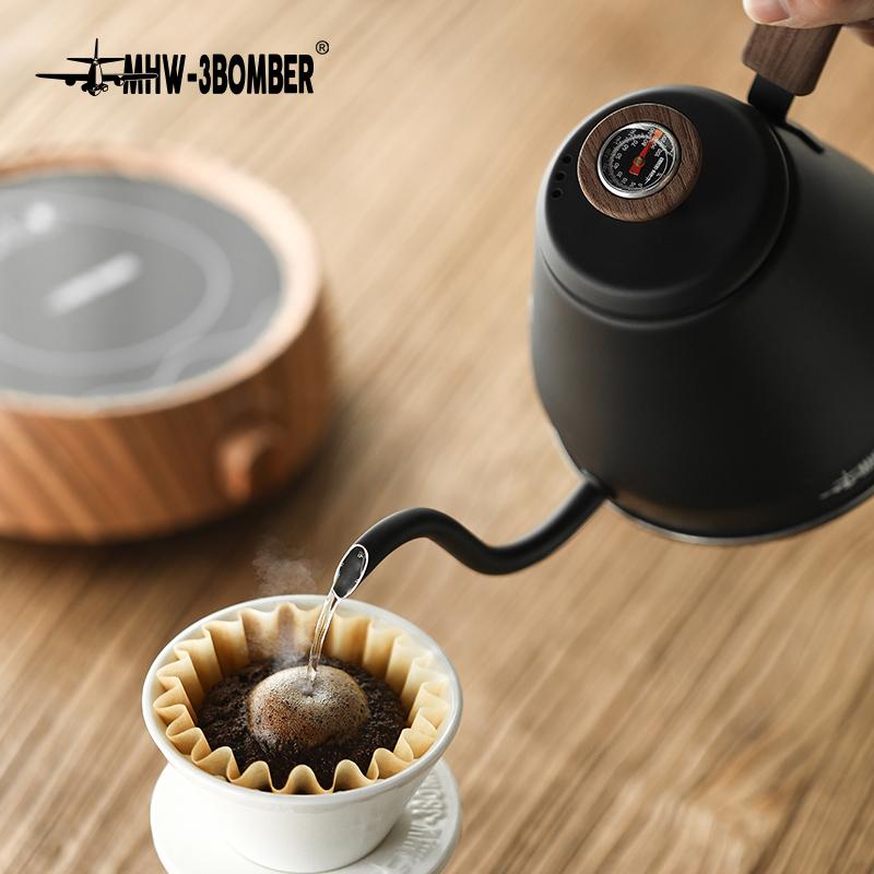 Pour Over Coffee Pot with Thermometer Gooseneck Kettle Wooden Handle Coffee Maker for Stovetop Portable Camping Accessories