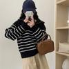 A Semi-zipped Stand-up Collar Sweater for Women, with Loose Stripes, Paired with A Long-sleeved Pullover Knitted Top for Autumn and Winter
