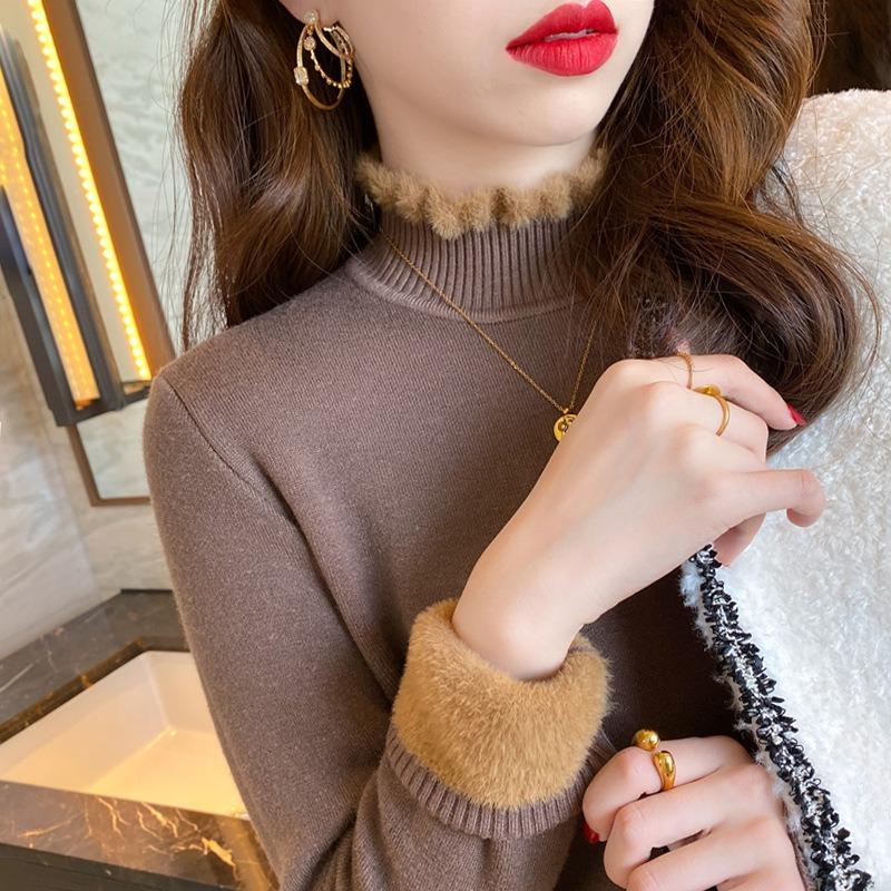 One-piece Fleece Sweater Women's Autumn and Winter New Fleece Thickened Bottoming Shirt with Warm Knitted Semi-turtleneck Top